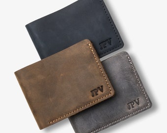 Personalized Distressed Leather Wallet, Mens Minimalist Wallet, Classic Billfold Cash Wallet, Monogrammed Gift For Him with Initials | BUR