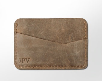 MONOGRAMMED Leather Cardholder Mens Minimalist Wallet Distressed Leather Card Holder Slim Wallet Monogram Initials For Him | Clay-Sand Brown