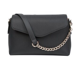 PEGAI Black Pebbled Calfskin Leather Handbag - Luxurious Crossbody Purse with Adjustable Strap & Gold Hardware, Travel Gifts | Helen