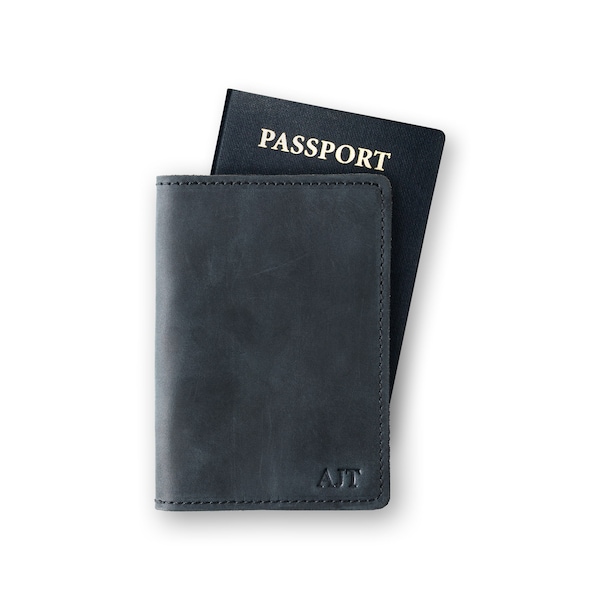 Personalized Leather Passport Cover, Minimalist Passport Holder, Travel Wallet Gift, Monogrammed Initial Custom Gift | DeKalb Charcoal Black