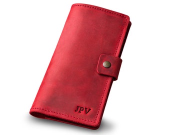 PERSONALIZED Leather Handmade Red Slim Checkbook Cover/ Custom Full Grain Horse Leather Check Holder/ Gift For Father Grandfather/ Clark