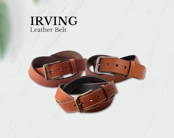 PEGAI Customizable Full-Grain Leather Belt, Cognac, Rust Brown, & Stitched Rust | Personalizable Gift for Him | IRVING