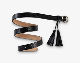 HANDMADE Women's Leather Belt, Fashion Leather Belt, Premium Waist Belt with Tassel, Bridesmaid Gifts, Pebbled Leather | Melody Raven