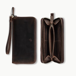 Pegai Large Leather Wallet for Women, Handmade Clutch with Wristlet, Slim Purse for Ladies, Bridesmaid Gifts | Karla Chestnut Brown