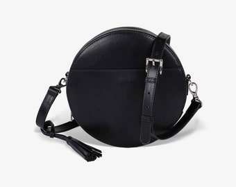 Leather Women's Smooth Black Crossbody Circle Purse/ Full-Grain Aniline Leather/ Minimalist Round Bag/ Gift for Her