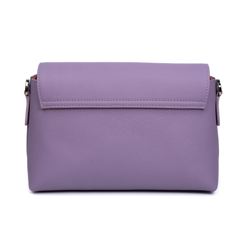 PEGAI Helen Lilac Pebbled Calfskin Leather Handbag featuring a sleek crossbody design, adjustable metal and leather strap, nickel-plated hardware, and a secure magnetic closure. Perfect for a luxurious and stylish look.