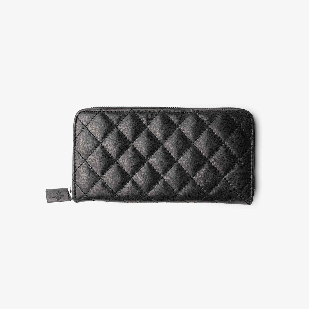 Leather Women's Black Handmade Large Quilted Zip Around