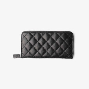 Carteira de couro feminina preta feita à mão, grande, acolchoada, com zíper, carteira clutch/carteira feminina clássica de couro de cordeiro com zíper/presente para ela