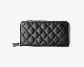 Leather Women's Black Handmade Large Quilted Zip Around Clutch Wallet/ Lamb Leather Classic Woman Wallet with Zipper/ Gift for Her