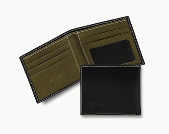 Portefeuille en cuir italien de qualité supérieure, Portefeuille minimaliste à deux volets pour homme, Cadeau portefeuille pour garçons d'honneur, Porte-cartes RFID, Cadeaux pour lui| Noir et vert Edward