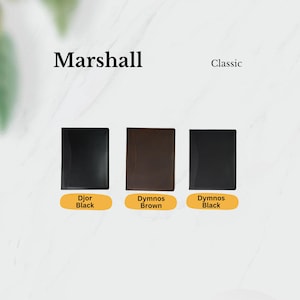 Marshall Classic folios in Djor Black, Dymnos Brown, and Dymnos Black—sleek full-grain leather choices made for daily carry or boss-level gifting.