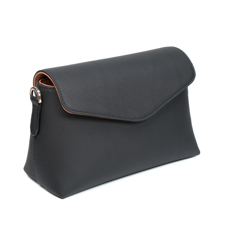 PEGAI Helen Black Pebbled Calfskin Leather Handbag featuring a sleek crossbody design, adjustable metal and leather strap, gold-plated hardware, and a secure magnetic closure. Perfect for a luxurious and stylish look.