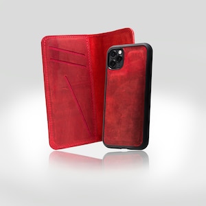 Cartera de cuero personalizada para iPhone/Funda roja para iPhone 10, 11, 12, 13 Pro Max y Plus X XS/Funda magnética para iPhone/Funda para Apple/Regalo para él/McLean Rose