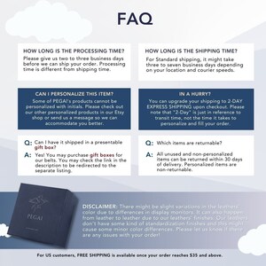 May include: FAQ page for a leather goods company called PEGAI. The page provides information about processing and shipping times, personalization options, returns, and a disclaimer about color variations in leather. The page also mentions free shipping for orders over $35.