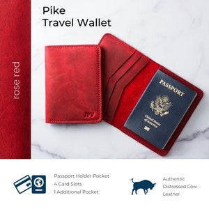 Cartera de viaje de cuero personalizada, funda para pasaporte personalizada, funda para pasaporte de cuero desgastado, regalo de viaje con monograma para ella / Pike-Rose Red imagen 4