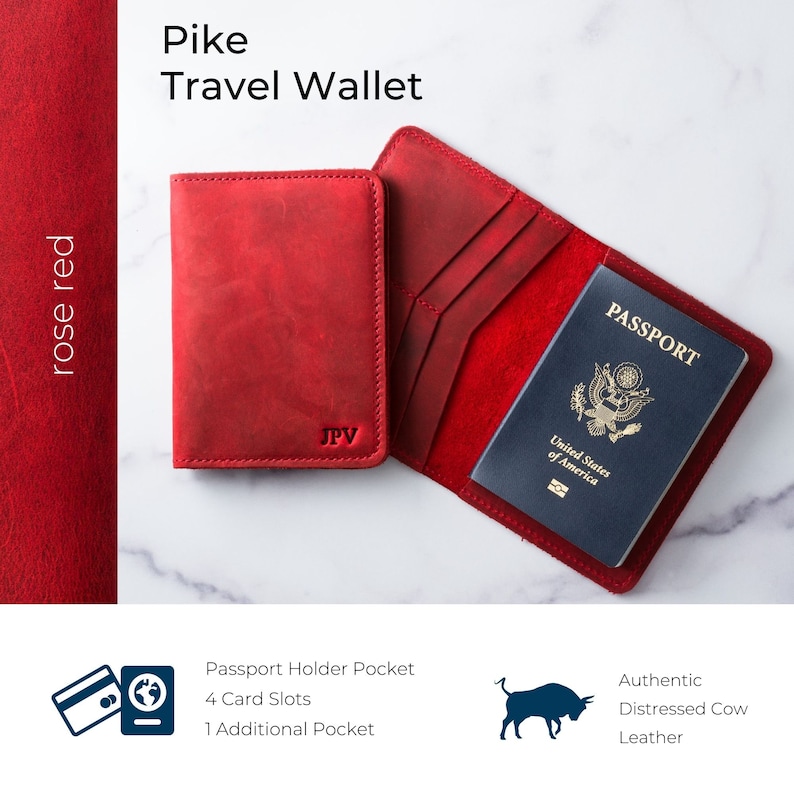 Cartera de viaje de cuero personalizada, funda para pasaporte personalizada, funda para pasaporte de cuero desgastado, regalo de viaje con monograma para ella / Pike-Rose Red imagen 4