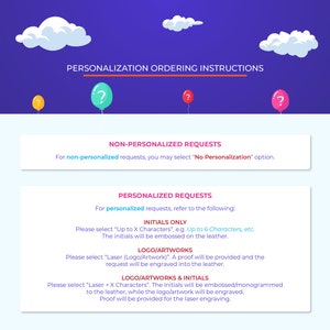 May include: A blue and pink graphic with instructions for personalization options for a product. The graphic includes the text "Personalization Ordering Instructions", "Non-Personalized Requests", "Personalized Requests", "Initials Only", "Logo/Artworks", and "Logo/Artworks & Initials".