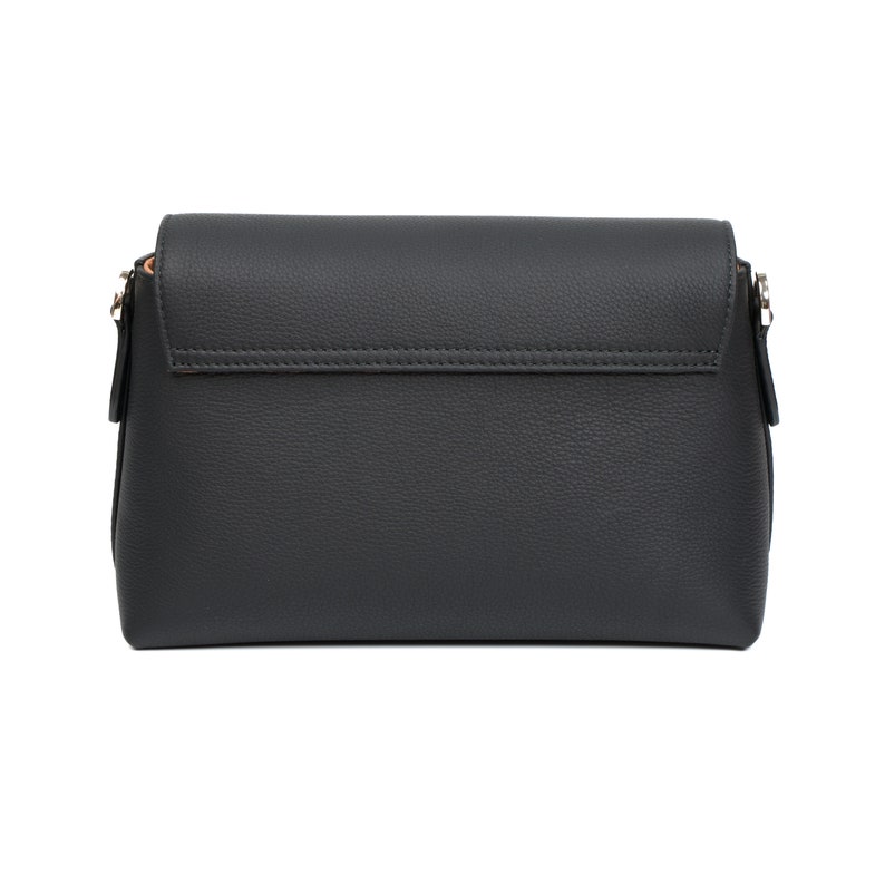 PEGAI Helen Black Pebbled Calfskin Leather Handbag featuring a sleek crossbody design, adjustable metal and leather strap, gold-plated hardware, and a secure magnetic closure. Perfect for a luxurious and stylish look.