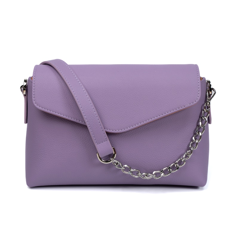 PEGAI Helen Lilac Pebbled Calfskin Leather Handbag featuring a sleek crossbody design, adjustable metal and leather strap, nickel-plated hardware, and a secure magnetic closure. Perfect for a luxurious and stylish look.
