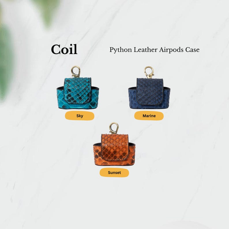 Bold python leather AirPods cases in Sky, Marine, and Sunset—handcrafted statement pieces for travel or stylish gifting.