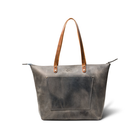 GRAY LEATHER SMALL NEO EXECUTIVE SHOPPER TOTE BAG - styleforless