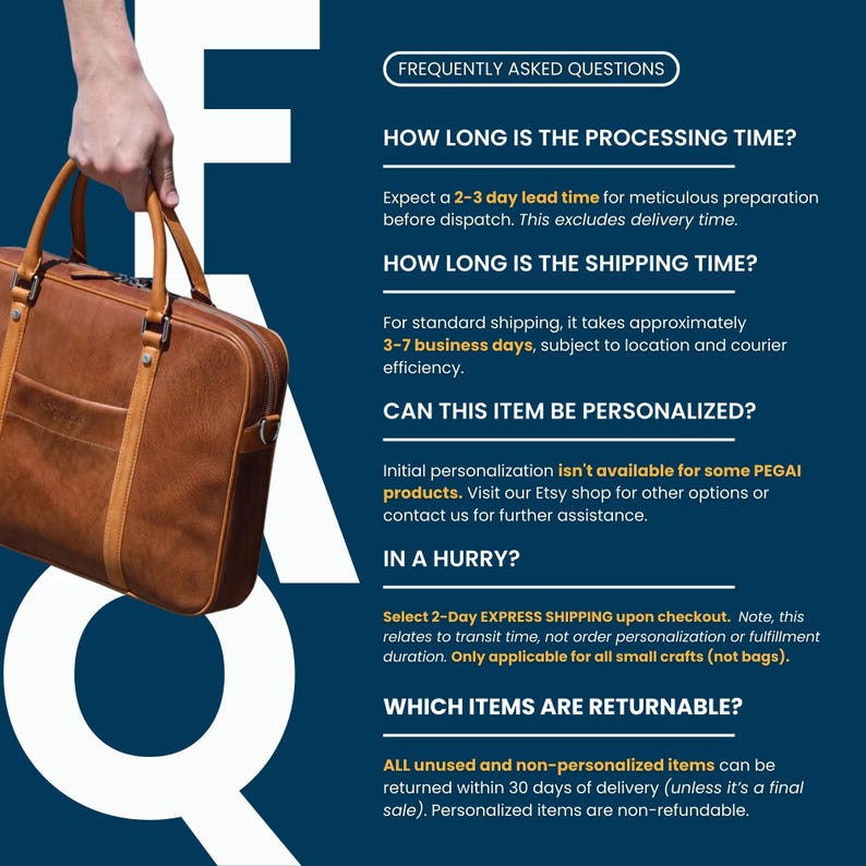 Full-grain leather bag shown alongside FAQs covering shipping times, returns, and personalization policies.