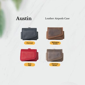 Four minimalist leather AirPods cases in Charcoal, Mahogany Brown, Rose Red, and Chestnut—perfect for daily use or gifting.