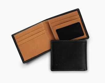 Personalized Leather Wallet, Men's Bifold Minimalist Wallet, Groomsmen Wallet Gift RFID Card Holder, Gifts for Him | Edward Dymnos Black