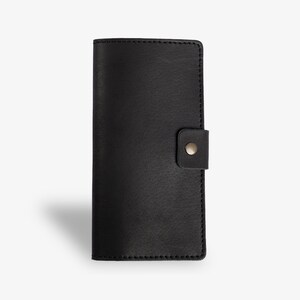 Funda de chequera de cuero personalizada, billetera delgada personalizada con diseño de búfalo, obsequios corporativos para hombres y mujeres, broche de latón antiguo, Iphitos Black / CLARK