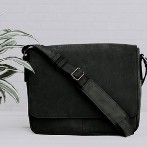 Mens Leather Messenger Distressed Black Leather Messenger Bag Mens Work Briefcase 13 Inch Laptop Bag Warren Charcoal Black image 2