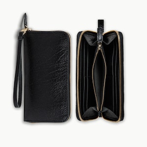 Pegai Large Leather Wallet for Women, Wristlet Wallet for Ladies, Handmade Slim Wallet for Her, Anniversary Gifts | Karla Proctus Black