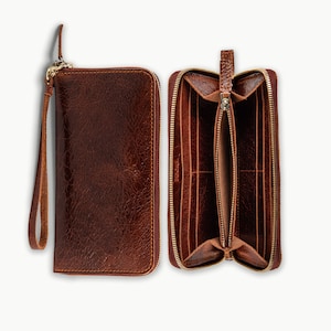 Pegai Leather Women's Large Wallet With Zipper and Wrist Strap, Handmade, Gifts for Her | Karla Cognac Brown
