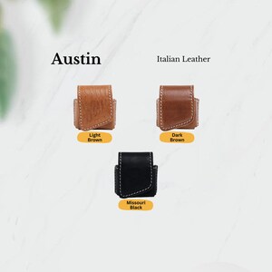 Full grain Italian leather AirPods cases in Light Brown, Dark Brown, and Missouri Black—elegant gifts for tech lovers.