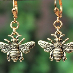 Honey Bee Dangle Earrings, Metal Earrings, Gold, Bumble Bee Earrings, Queen Bee, Charm, Nature, Butterfly, Dragonfly, Gift, Handmade