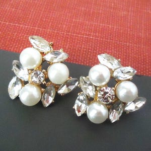 Bridal Stud Earrings Clear Crystal White Pearl Post Earrings Cluster Jeweled Gold Statement Bridesmaid Rhinestone Small Formal Gift Handmade