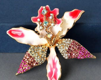 Pink Orchid Flower Enamel Brooch, Jeweled Swarovski Crystals Rhinestone, Floral Statement Jewelry, Handmade