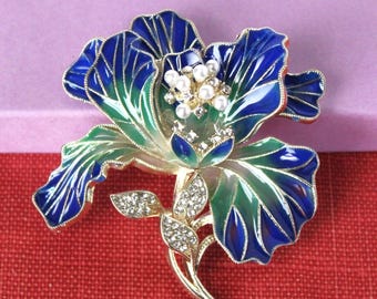 Blue Green Flower Enamel Brooch, Jeweled Pearl Swarovski Crystals Rhinestone, Floral Statement Jewelry, Handmade
