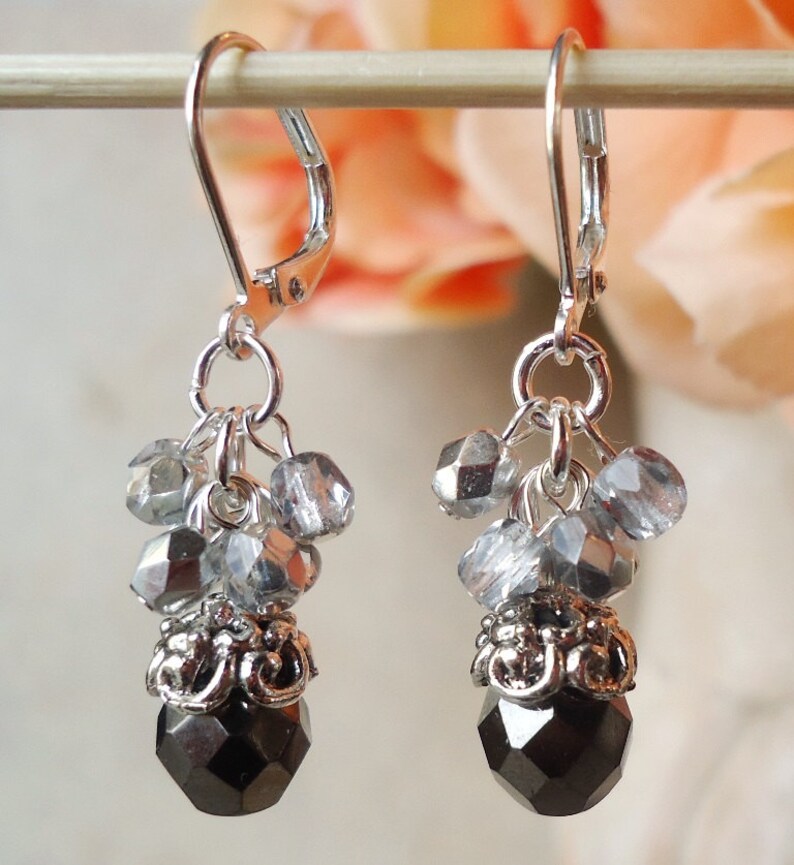BlackWhite Dangle Earrings.Hematite Crystal Cluster.Bridal.Statement.Chandelier.Long Earrings Clip-On Earrings.Formal.Big.Boho.Handmade.