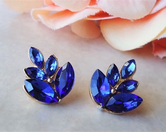 Blue Sapphire Crystal Stud Earrings Post Earrings Jeweled Gold Bridal Cluster Earrings Bridesmaid Navy Vintage Tiny Small Gift Handmade