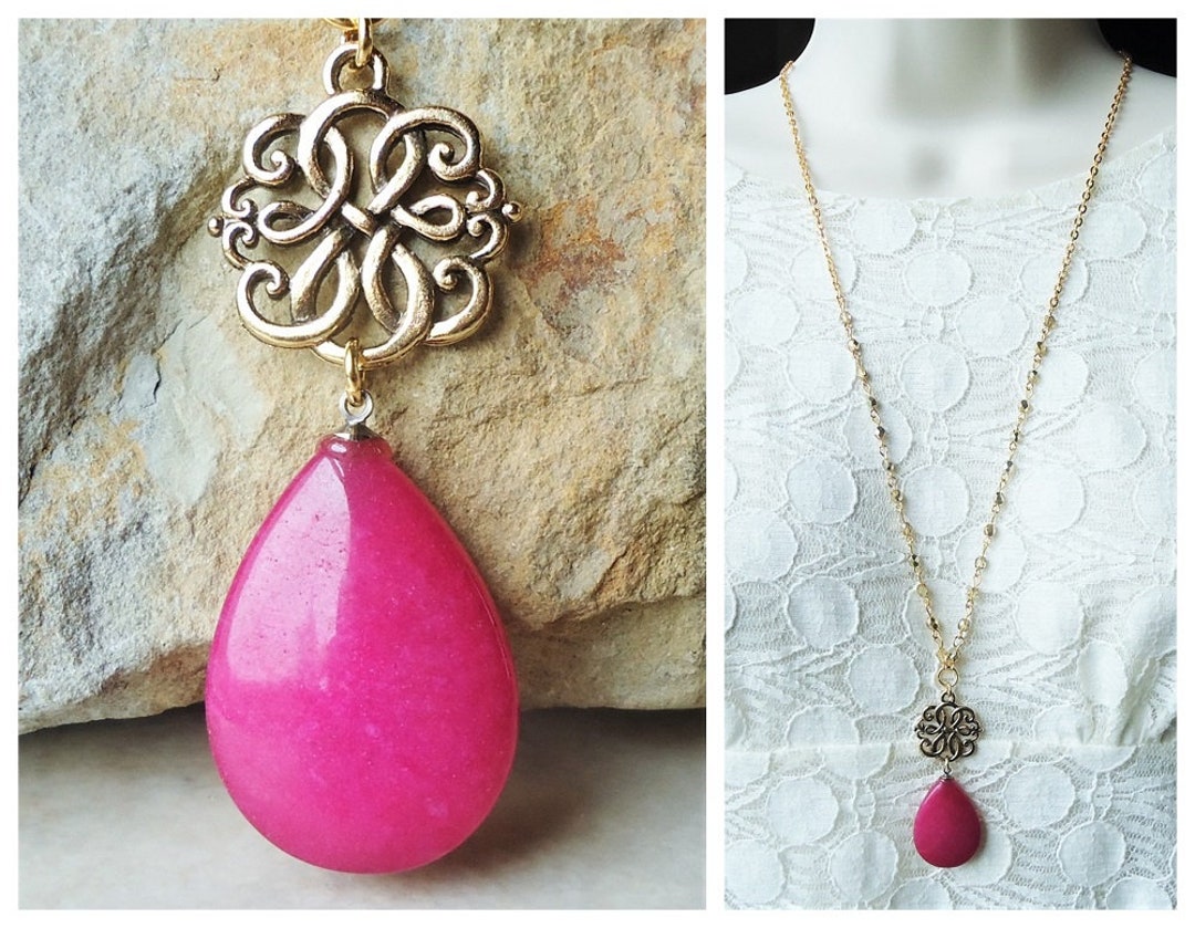 Hot Pink Jade Pendant Long Necklace Tear Drop Gemstone Silver Gold