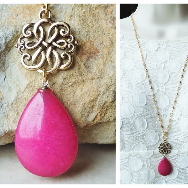 Hot Pink Jade Pendant Long Necklace Tear Drop Gemstone Silver Gold Chain Metal Beaded Bridal Layering Modern Statement Gift Handmade