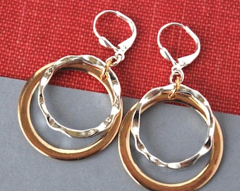 Hammered Mixed Metal Hoop Earrings, Gold and Silver Dangles, Modern Statement Jewelry, Gift, Handmade