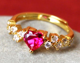 Pink Heart Crystal Rhinestone Ring: Gold Adjustable Cocktail Bridal Statement Jewelry, Gift, Handmade