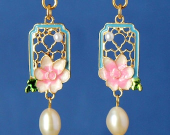 Pink Blue Flower Dangle Earrings, Freshwater Pearl Drop, Painted Enamel Statement Jewelry, Gift, Handmade