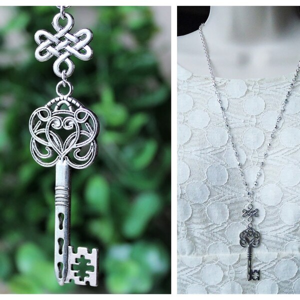 Key Pendant Long Necklace Charm Layering Necklace Crystal Silver Chain Beaded Love Knot Statement Metal Bridal Boho Dainty Vintage Handmade