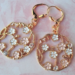 Pink Flower Dangle Earrings Cherry Blossom Painted Enamel Jeweled Crystal Gold White Bridal Rose Statement Floral Earrings Gift Handmade