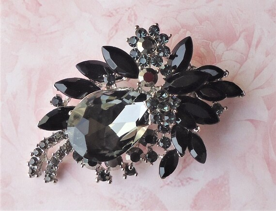 Smoky Black Crystal Brooch Pin Jeweled Grey Rhinestone Bridal Bridesmaid Floral Silver Wedding Vintage Formal Sash Statement Gift Handmade