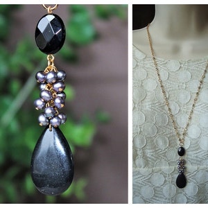 Black Onyx Gemstone Pendant Long Necklace Peacock Pearls Gold Chain Silver Crystal Beaded Bridal Layering Bohemian Jet Statement Handmade