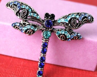 Aqua Blue Sapphire Dragonfly Brooch: Rhinestone Crystal Insect Pin, Statement Jewelry, Gift, Handmade