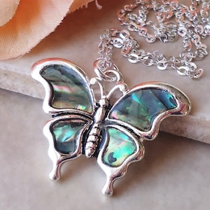 Butterfly Pendant Necklace Abalone Shell Rainbow Silver Chain Dragonfly Bridal Bridesmaid Small Layering Honey Bee Gift Handmade